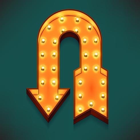 Vector realistic 3d volumetric icon on marquee sign u-turn arrow lit up with electric bulbs