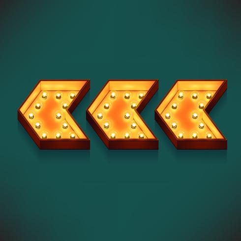 Vector realistic 3d volumetric icon on marquee sign chevron arrows pointing left lit up with electric bulbs