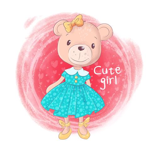 Linda chica de oso de peluche de dibujos animados sobre un fondo rosa vector