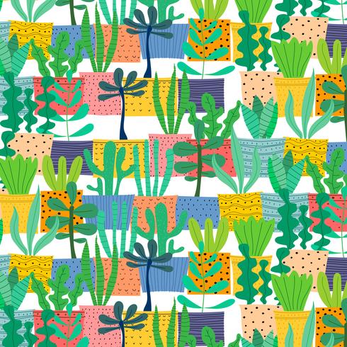 Hand Drawn Tropical Cactus Pattern. Vector Illustration Background.