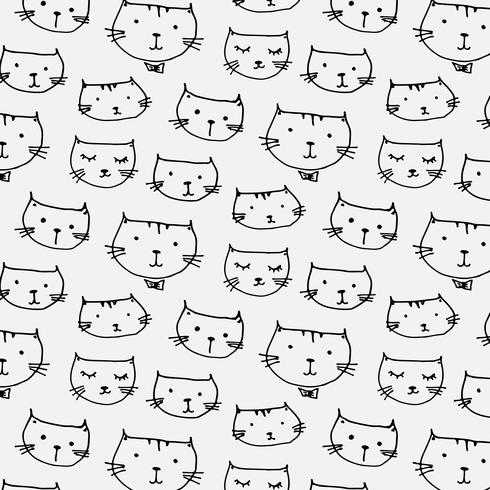 Hand Drawn Cute Cats Pattern Background. Vector Illustration.