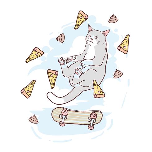 CAT LINDO SKATEBOARD Y PIZA VECTORIAL vector