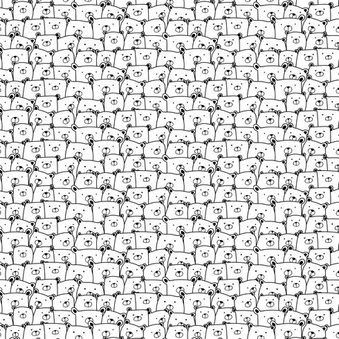 Hand Drawn Bears Vector Pattern Background. Fun Doodle. Handmade Vector Illustration.