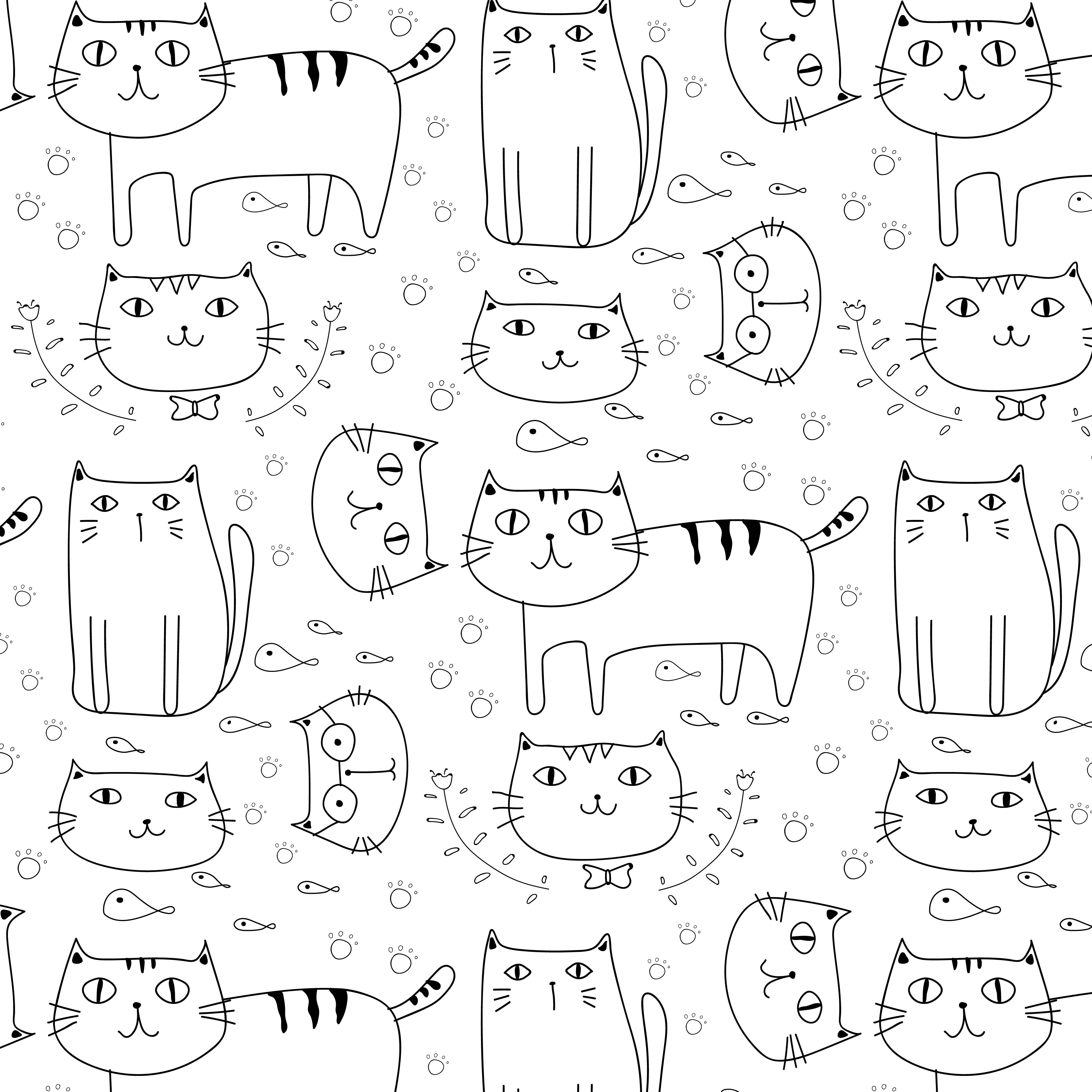 Hand Drawn Cats Vector Pattern Background. Doodle Funny. Handmade
