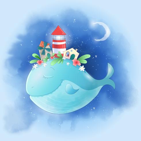 Cute cartoon whale in the sky with a city on its back, a lighthouse mill house postcard print poster for the children s room. vector