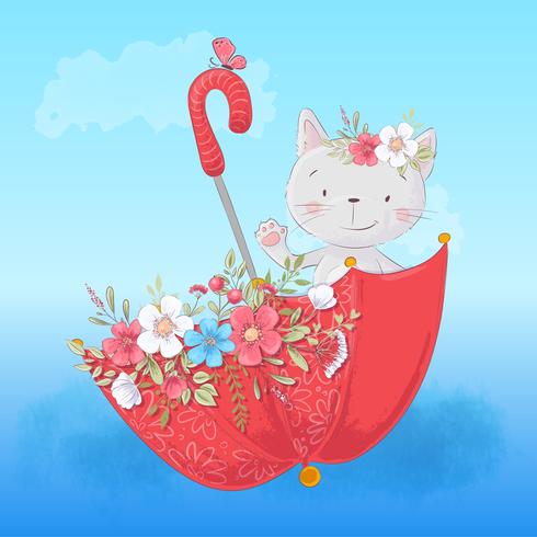 Cute cartoon cat in an umbrella with flowers, postcard print poster for a child s room. vector