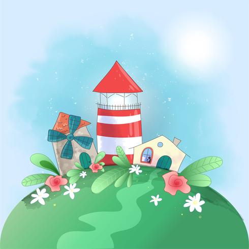 Cute cartoon small town lighthouse, mill and house with flowers, postcard print poster for the children s room. vector