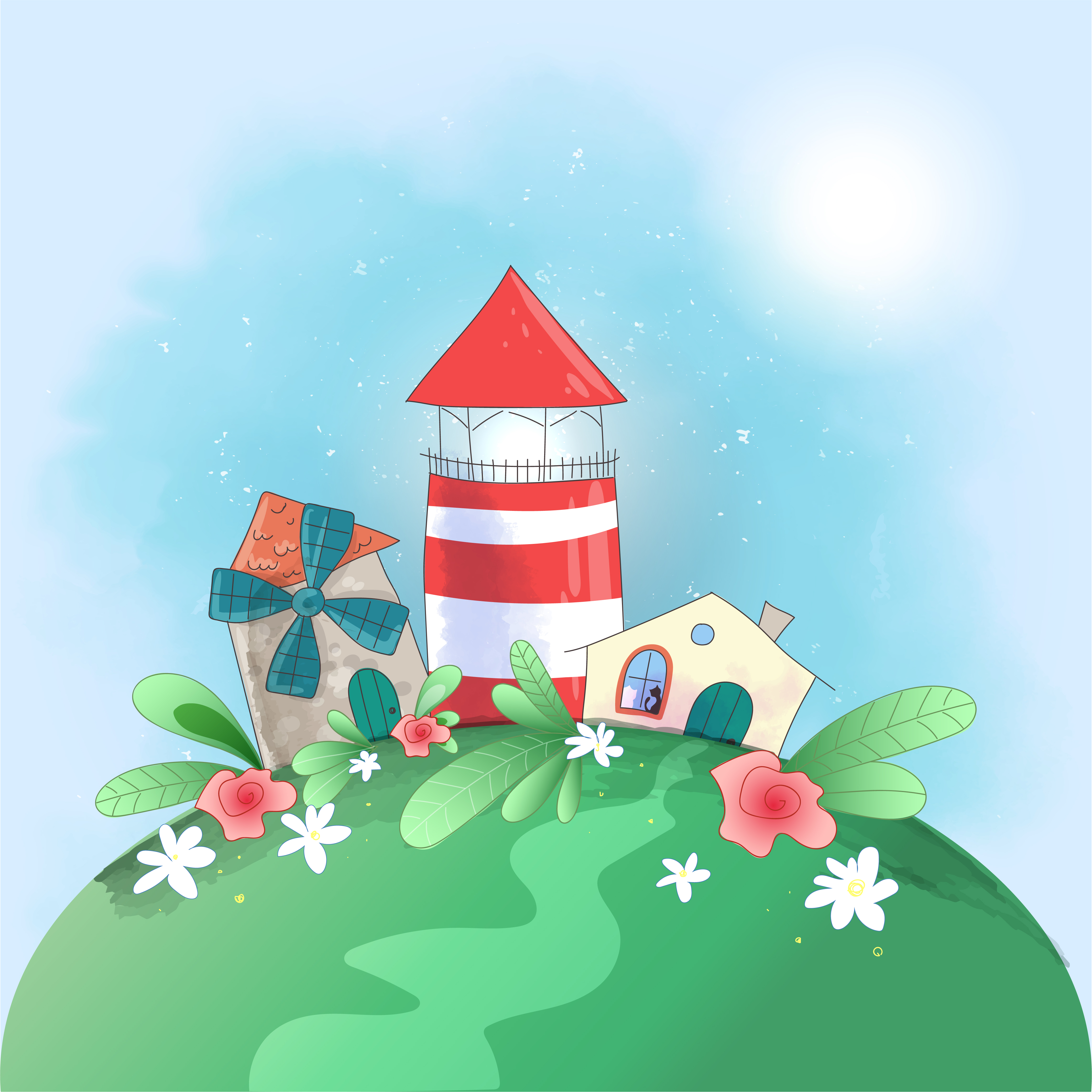 Cute cartoon small town lighthouse, mill and house with flowers, postcard  print poster for the children s room. 628557 Vector Art at Vecteezy