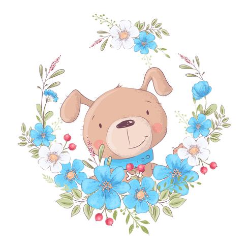 Cute cartoon dog in a wreath of flowers, postcard print poster for the children s room. vector