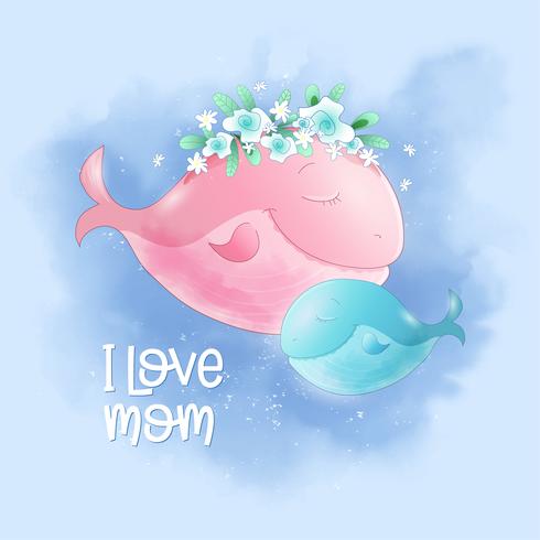 Cute cartoon whale mom and son in the sky, postcard print poster for a child s room. vector