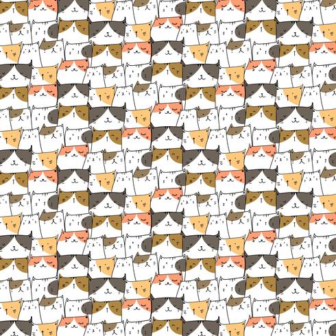 Hand Drawn Cute Cats Vector Pattern Background. Doodle Funny. Handmade Vector Illustration.