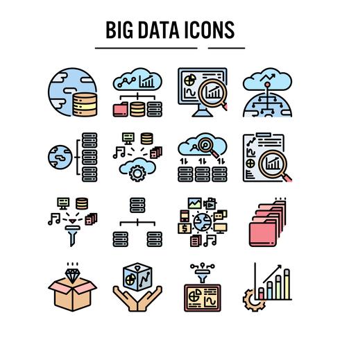 Conjunto de iconos de big data en el diseño de contorno lleno vector