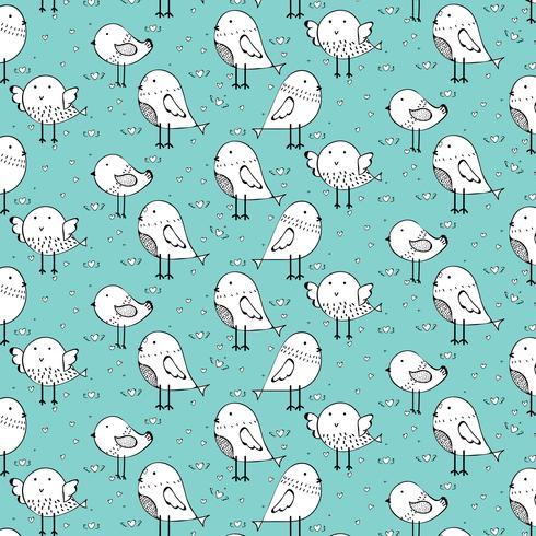 Hand Drawn Cute Bird Pattern Background. Vector Illustration.