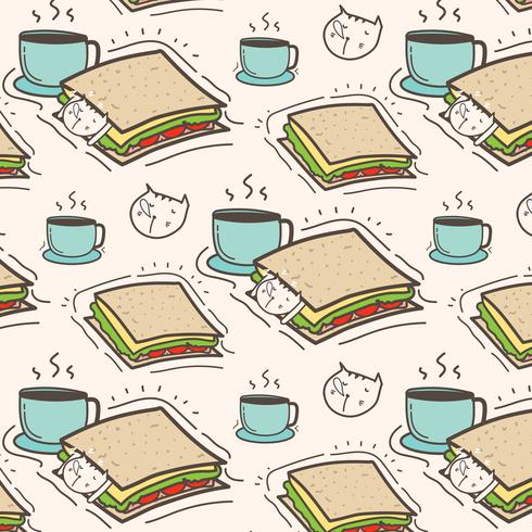 Cute Cat Sandwich And Coffee Pattern Background. Vector Illustration.