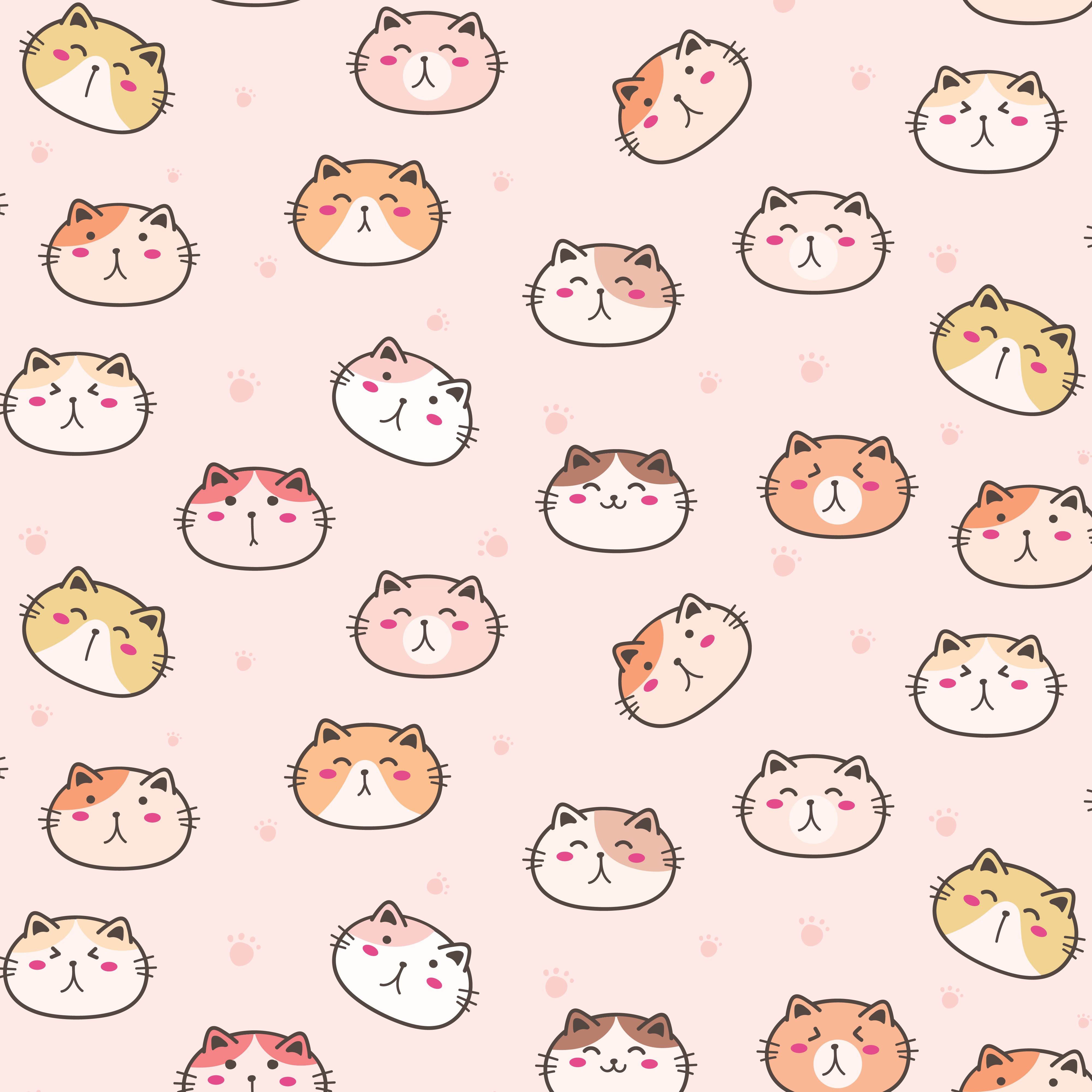 Cute Cats Vector Pattern Background. Fun Doodle. Handmade Vector