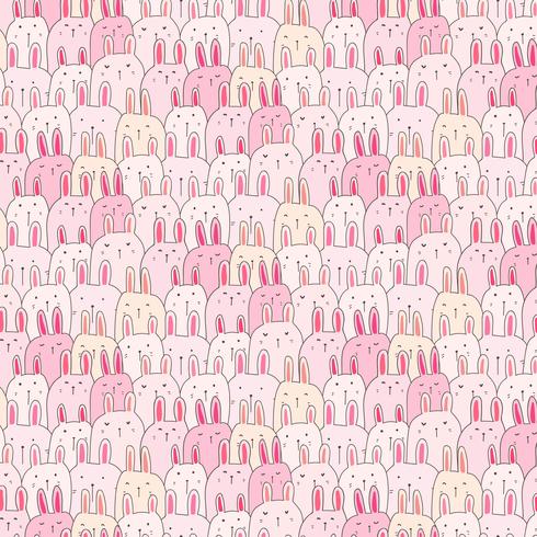 Hand Drawn Cute Bunny Vector Pattern Background. Doodle Funny. Handmade Vector Illustration.