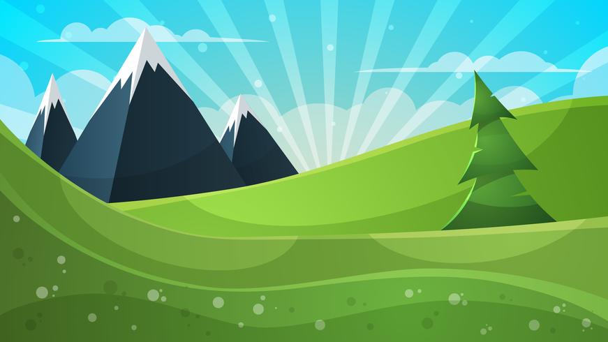 Cartoon illustration. Mountain, fir, cloud, sun. vector