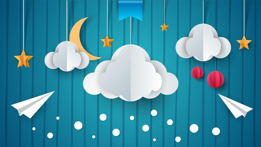 Paper illustration. Airplane, cloud, moon, star. vector