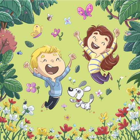 Kids having fun and jumping in spring vector