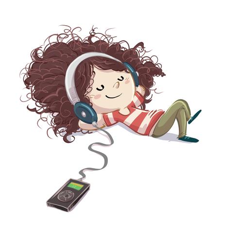 Little girl listening to music lying on the floor vector