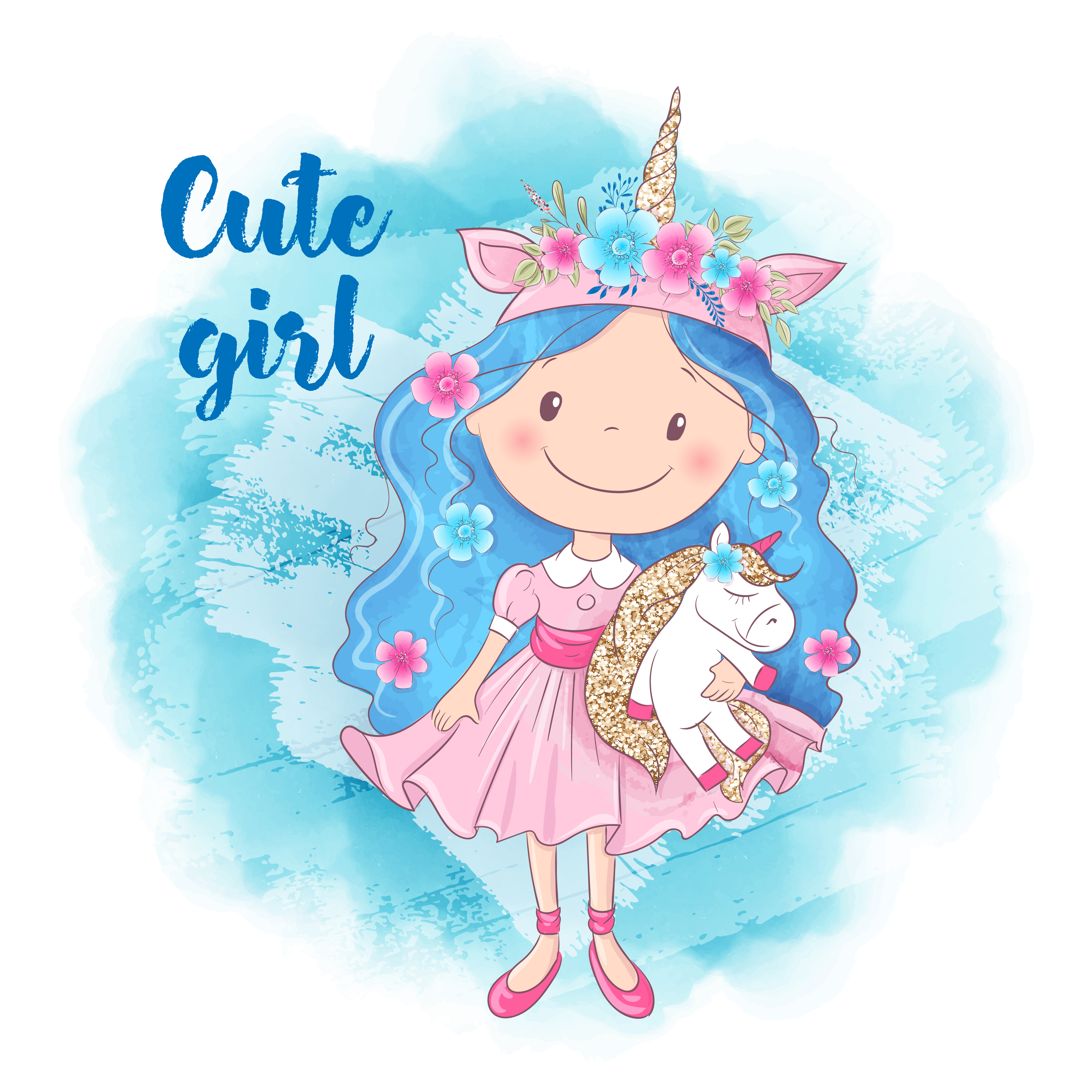 Cute Cartoon Girl and Unicorn on a blue background 629037 Vector Art at