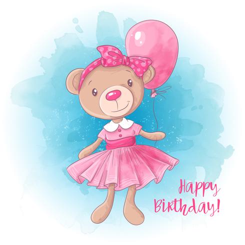 Oso lindo de la muchacha de la historieta con un globo. Tarjeta de cumpleaños. Ilustración vectorial vector