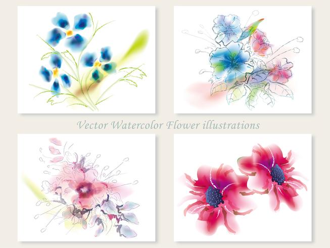 Conjunto de cuatro ilustraciones de vectores de flores variadas.