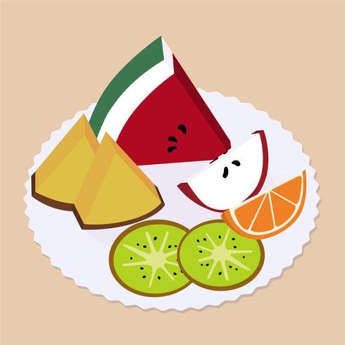 Fruit set on a plate. Pineapple, kiwi, orange, watermelon and apple. vector