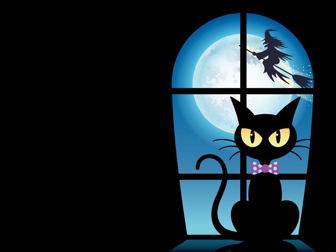 Plantilla de la tarjeta de felicitación del feliz Halloween con un gato negro por la ventana. vector