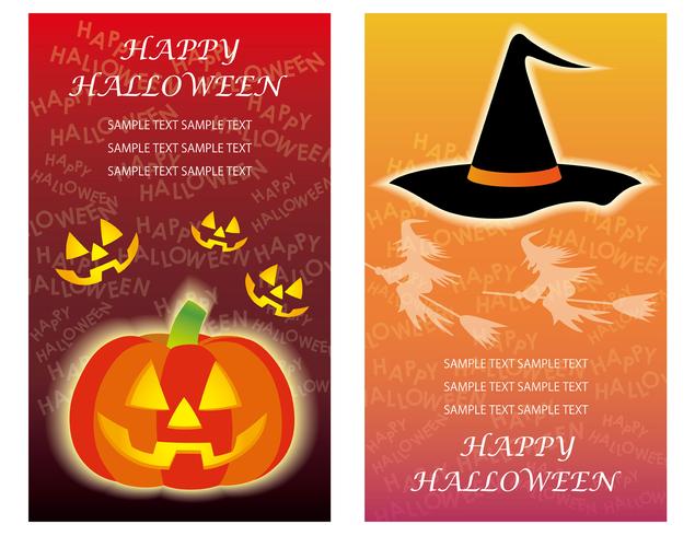 Set of two Happy Halloween greeting card templates with Jack-o’-Lantern and a witch hat.