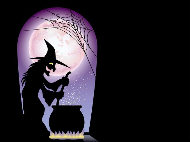 Happy Halloween greeting card template with a witch preparing a secret elixir. vector