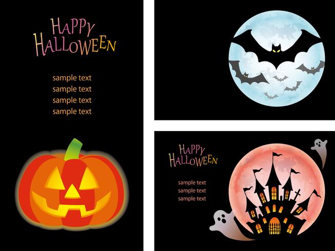 Conjunto de plantillas de tarjetas de Feliz Halloween con Jack-O&#39;-Lantern, murciélagos y una casa encantada con fantasmas. vector