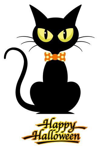 Black cat with Happy Halloween logo, isolated on a white background