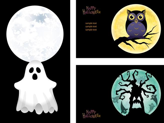 Set of Happy Halloween greeting card templates with a ghost, an owl, and a haunted tree. vector