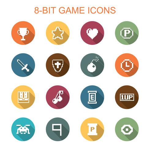 8-bit game long shadow icons vector