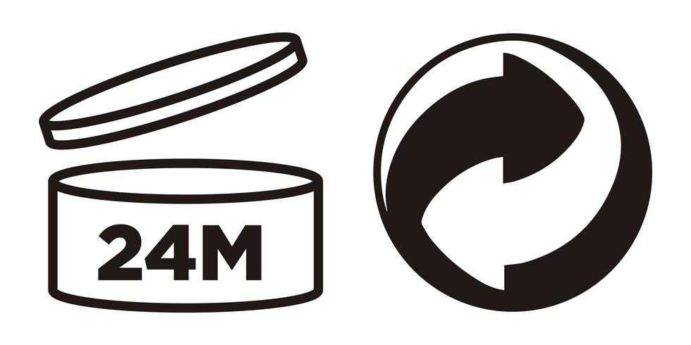 24M Period after opening, PAO symbol and Green Point symbol for cosmetics packaging. vector