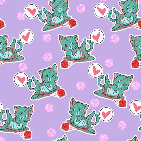 Seamless cute cat is playing with yarn pattern. vector