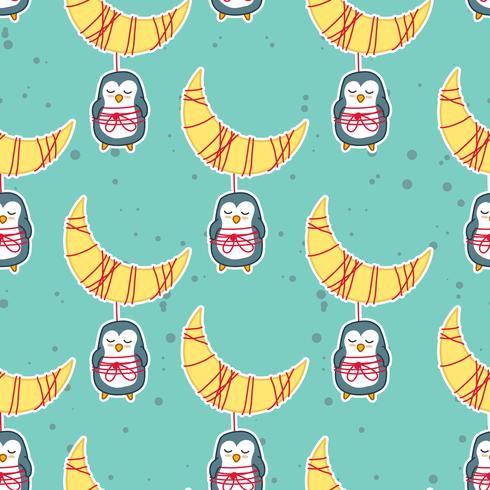 Seamless penguin and moon in sweet dream pattern. vector