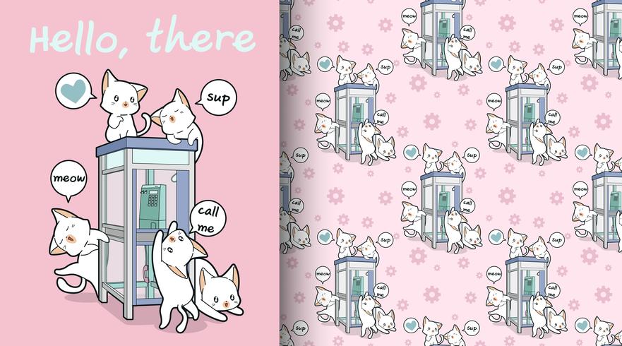 Seamless kawaii cats and phone booth pattern vector