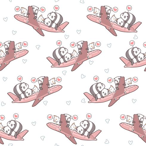 Seamless cute pandas and cats and on the plane pattern vector