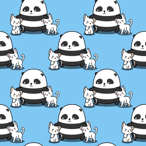 Seamless panda loves cats pattern. vector