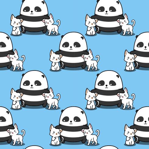 Seamless panda loves cats pattern. vector