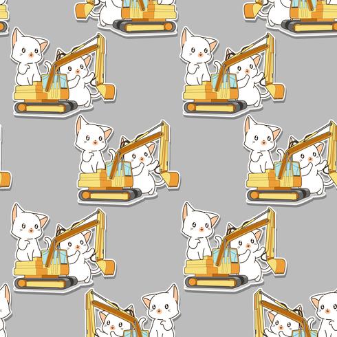 Gatos blancos kawaii sin fisuras y el patrón de tractor vector