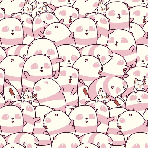 Seamless many pandas and cats pattern. vector