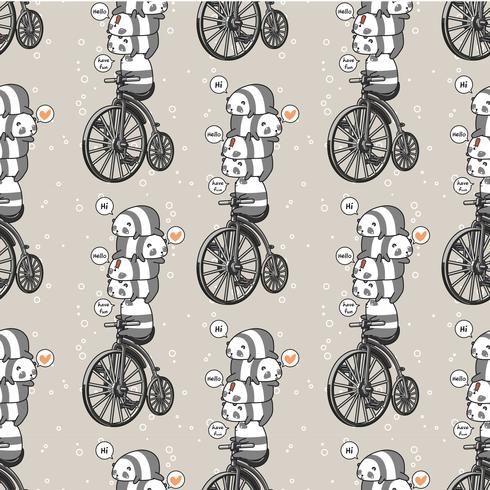 Seamless kawaii panda with the vintage bicycle pattern vector