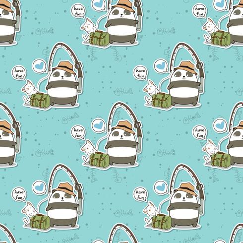 Seamless fishing panda and cute cat in holiday pattern vector