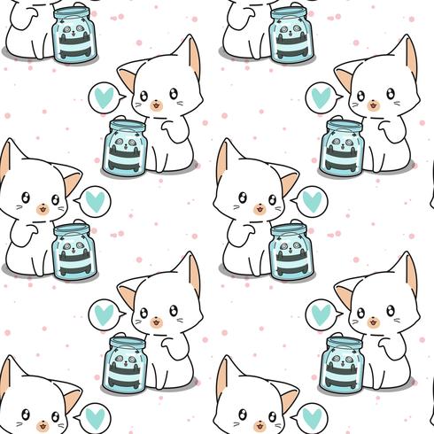 Seamless kawaii panda in the bottle and giant cat pattern vector