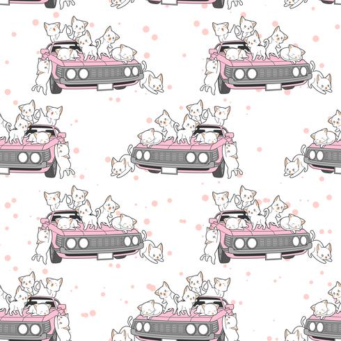 Gatos kawaii dibujados sin fisuras y patrón de coche rosa. vector