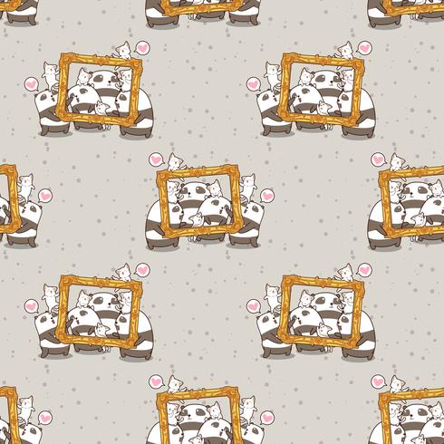 Seamless kawaii pandas and cats with a luxury frame pattern vector