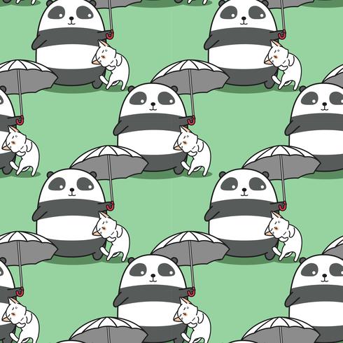 Seamless panda carrying umbrella with a cat pattern. vector